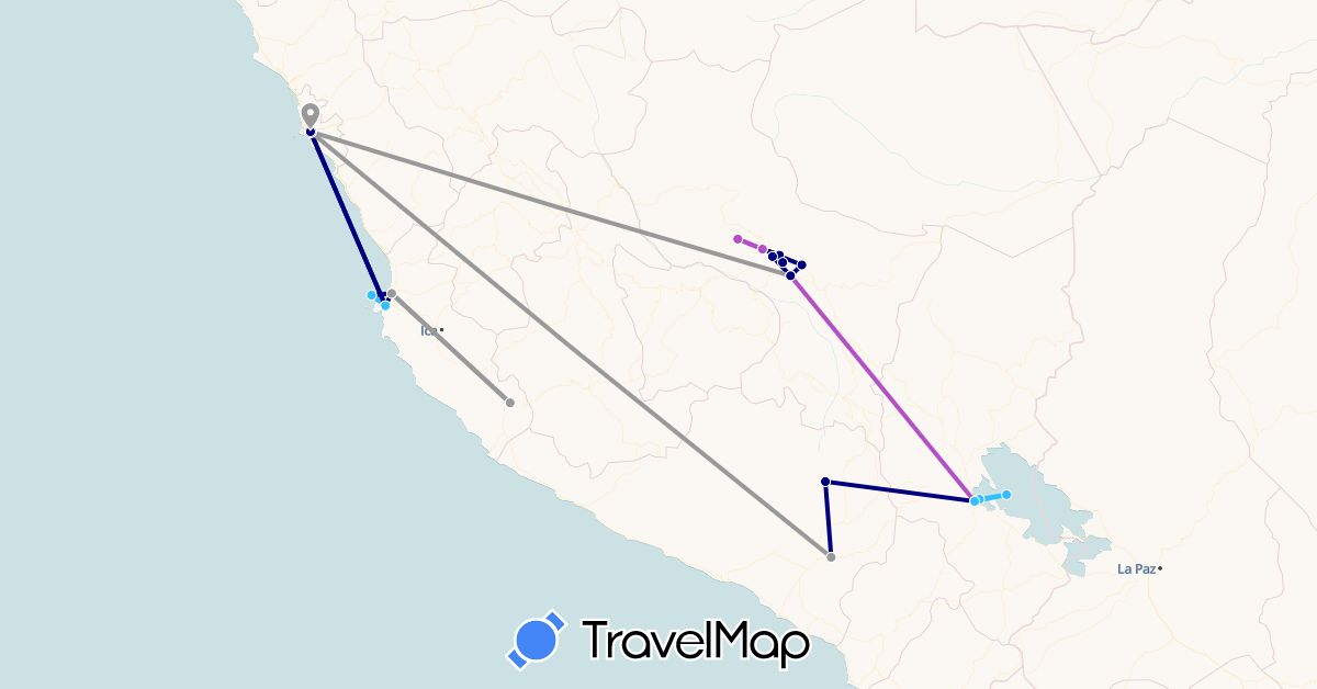 TravelMap itinerary: driving, plane, train, boat in Peru (South America)